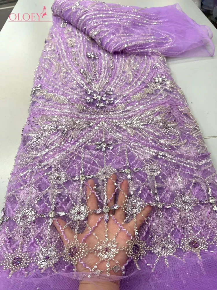 OLOEY Elegant African Nigerian Diamond Beaded Lace High-End Luxury French Sequins Mesh Lace Fabric Women Evening Dress Party view 5