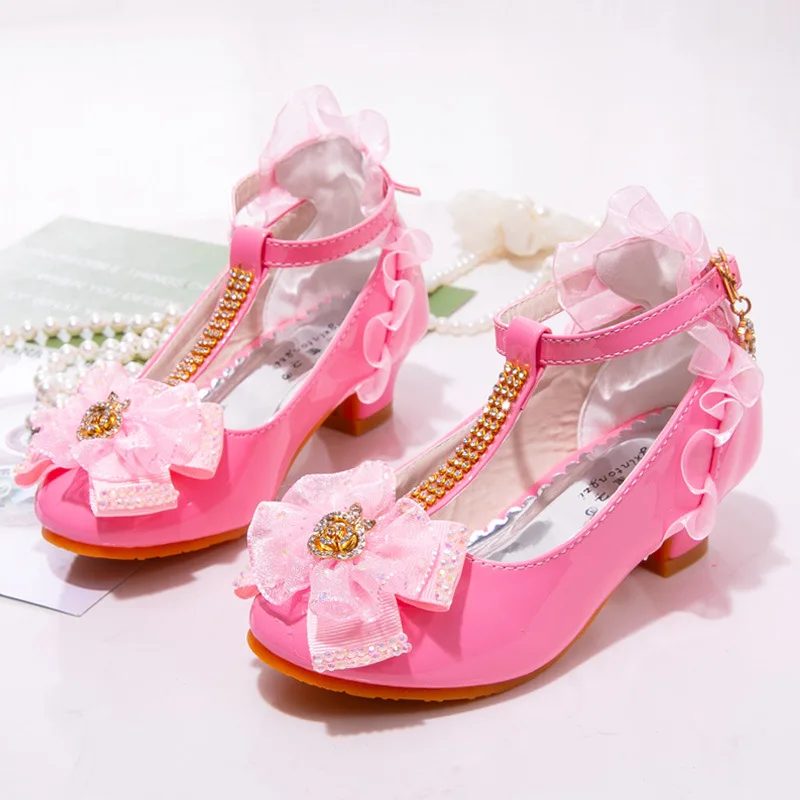 ULKNN Kids Shoes For Girl Dress Wedding Rhinestone Love Heart Pattern Butterfly Lace Mary Jane High Heel Children Princess Shoes