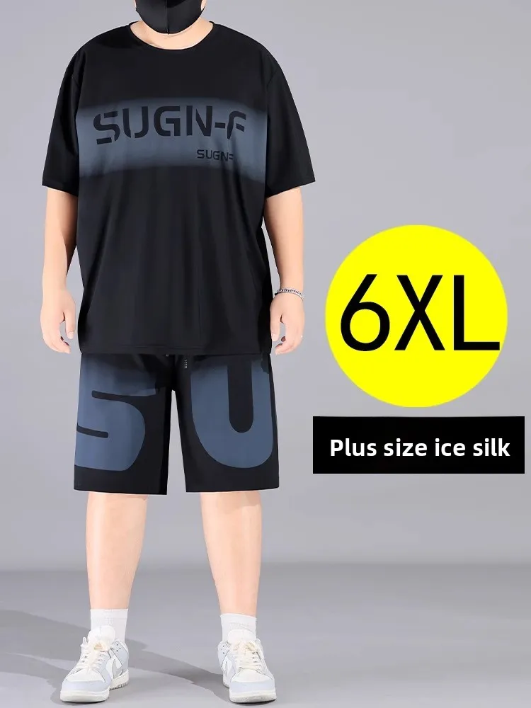 

plus Size Ice Silk Sports Set Men's Loose ort Sve T-irt Summer New Sle Fat People Two-Piece Set Casual Sportswear