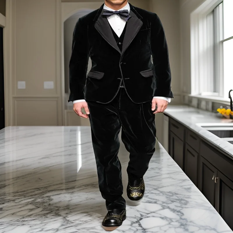 

Black Velvet Men Suits for Evening Prom Wedding Groom Tuxedo 2024 3 Pieces Male Fashion Winter Dinner (Jacket + Pants + Vest)