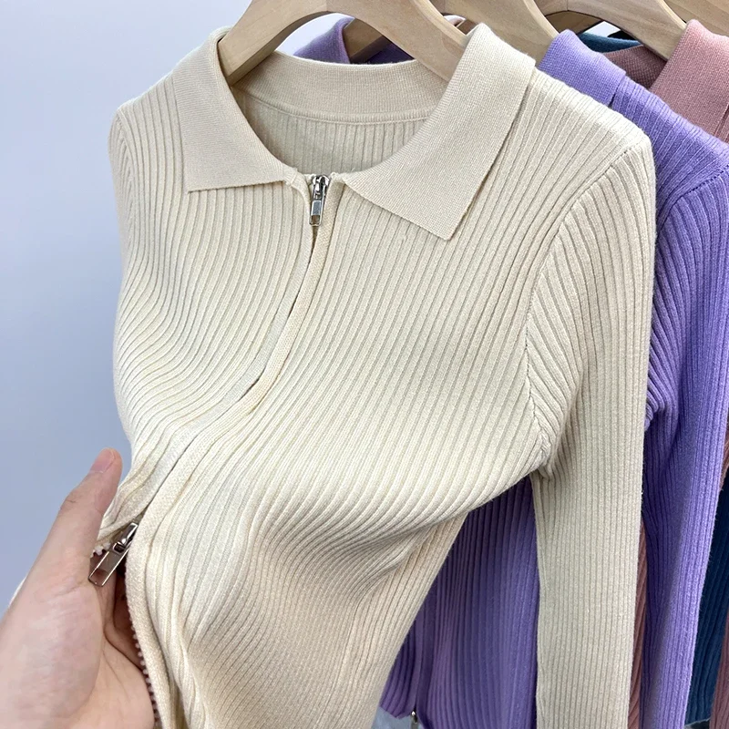 

Autumn Winter Korean Edition New Double Headed Zipper Cardigan Polo Collar Solid Long Sleeved Sweater Fashion Slim Tops