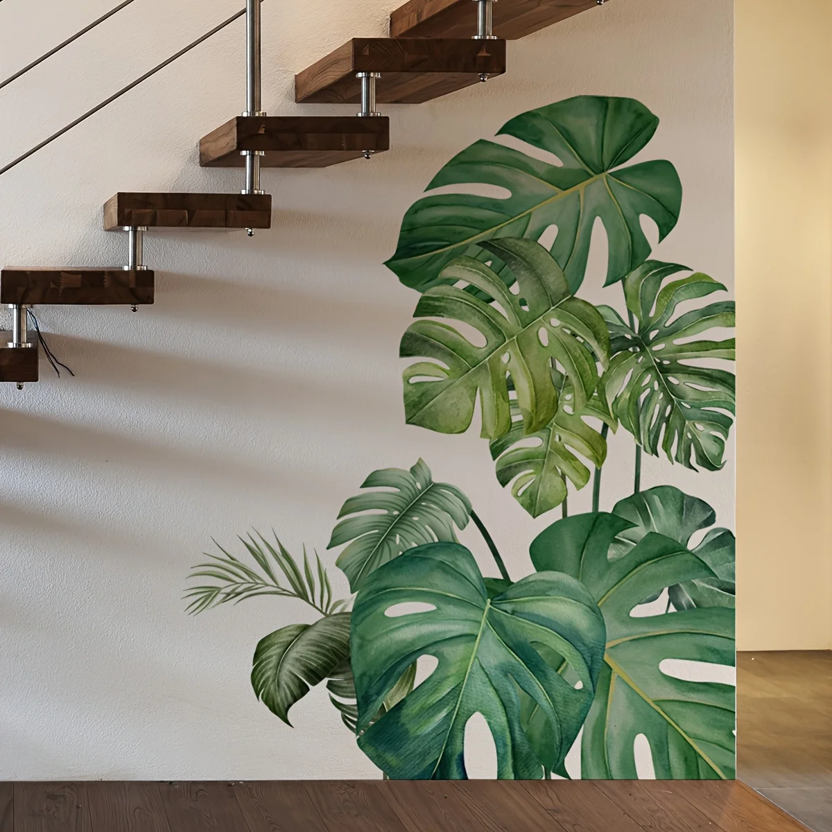 2pc Set Large Size Green Plant Wall Decal Sticker For Home Decoration Monster Leaf Design Easy To Apply And Remove Home Wall Art