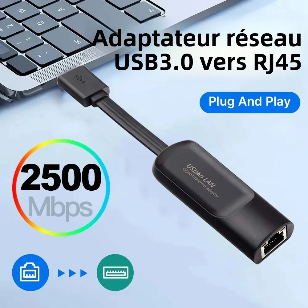 Adaptateur Ethernet USB Gigabit 2500Mbps, carte réseau USB 3.0 vers pilote Lan RJ45 gratuit pour ordinateurs de bureau, ordinateur portable, Macbook, accessoires PC