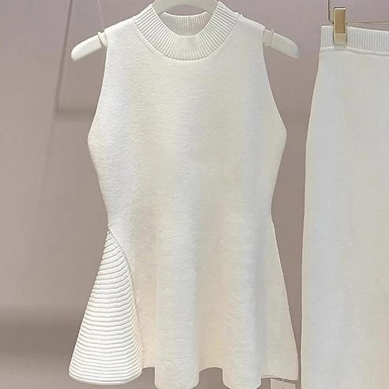 Falda de traje de dos piezas con fragancia pequeña para mujer, top sin mangas con cuello en la cintura, diseño femenino, falda asimétrica