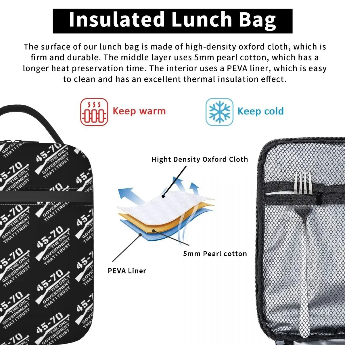 45-70 The Only Government I Trust Guns Firearms Anarchist Insulated Lunch Bag Women Children Food Boxes Thermal Lunch Box Tote