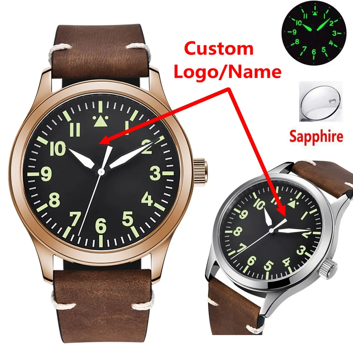 

DIY Custom Logo Sapphire NH35 Watch Military Men reloj Automatic Luxury Sport Design Clock Lume Leather Mechanical Wrist Watches