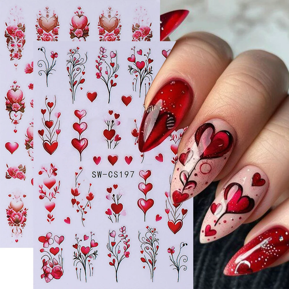3d coração vermelho dia dos namorados decalques da arte do prego amor rosa romântico auto-adesivo etiqueta do prego diy namorados manicure decoração suprimentos
