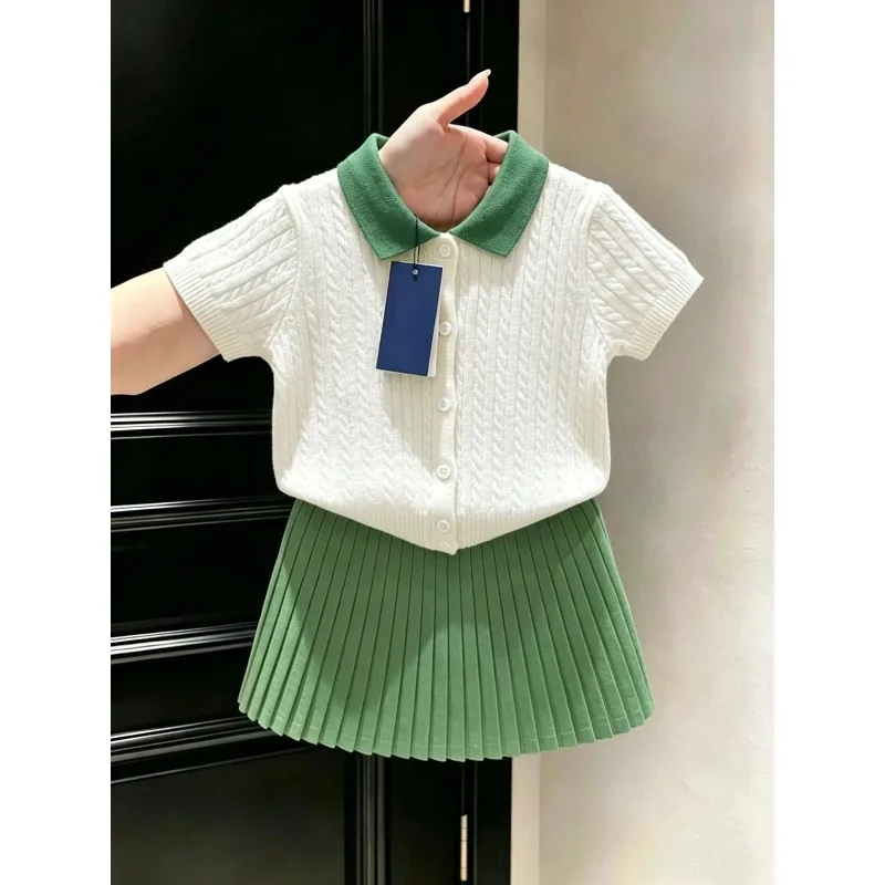 Korean Girls 2026 Summer New White Fried Dough Twists Knitting Short Sleeve Little Girl Green Pleated Skirt