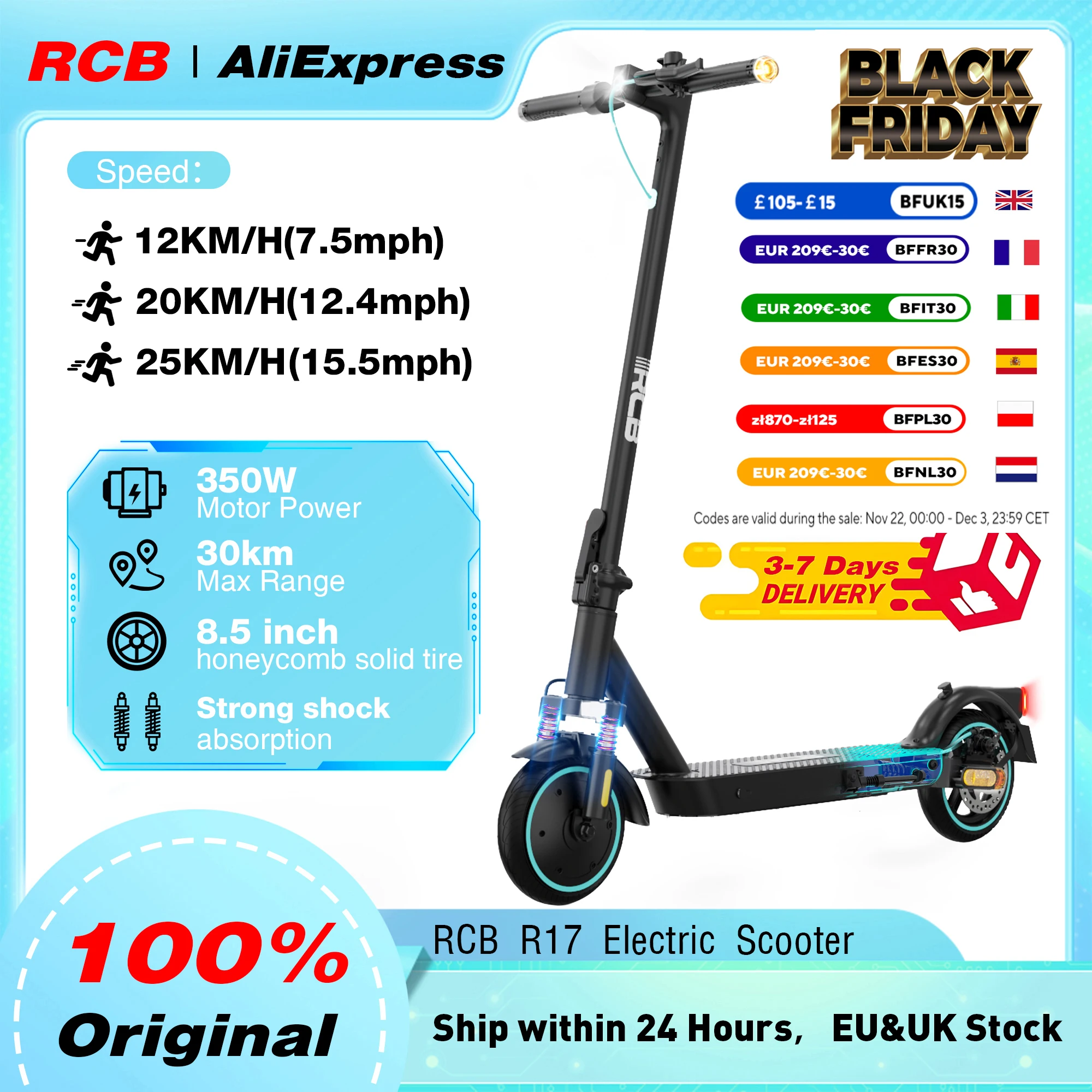 RCB Electric Scooter Adult,Long-Range E-Scooter,Max 25km/h,Comfortable Shock Absorption,APP Connectivity