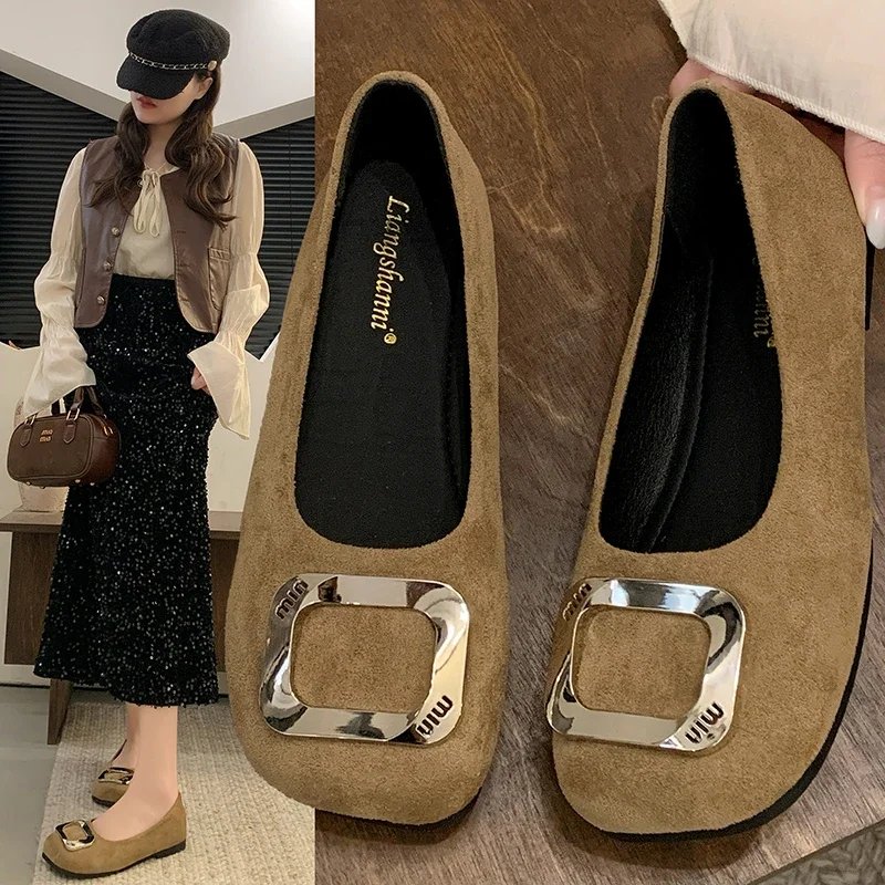 

2025 Spring Autumn Women's Flat Shoes Flannel Metal Decoration Shallow Mouth Shoes Dress Square Toe One Kick Zapatillas De Mujer