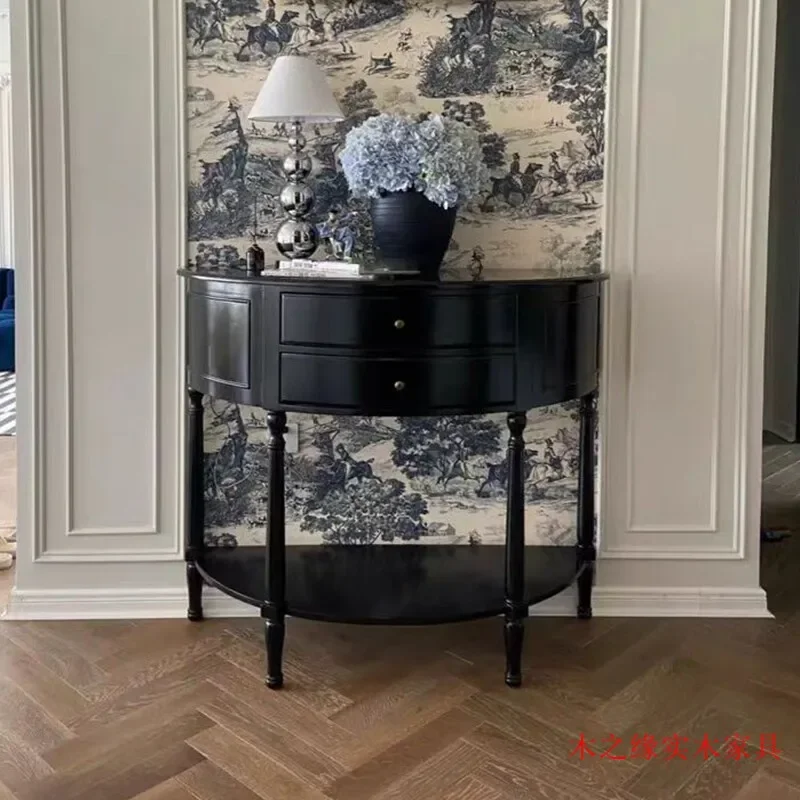 American black solid wood foyer walnut entrance table French semicircular corridor wall decorative cabinet