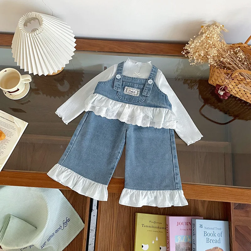

Spot GoodsCT269050Children's Suit2026Spring new arrival girls' denim suspender wide-leg pants set trendy