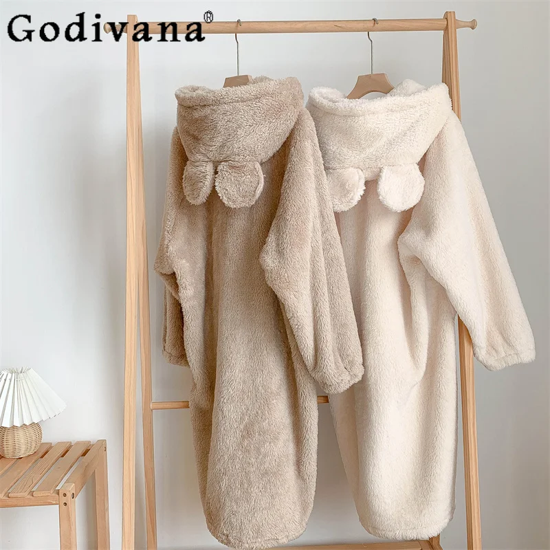 

Зимняя длинная ночная рубашка из кораллового флиса для женщин, милая японская утолщенная теплая одежда для сна в стиле Ins, домашняя одежда