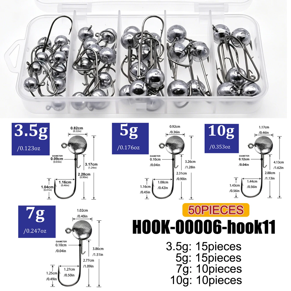 Mrlurion Box-Set 1g 2g 3g 5g 7g 10g 15g 17g 20g Jigkopf-Angelhaken-Kit für Barsch, Barsch und Forelle, Weichplastik-Soft-Worm-Haken