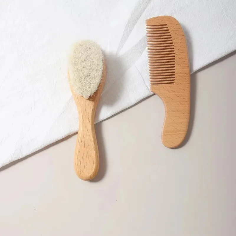 Soft Wool Baby Comb Set 2pcs Beech Wood Hair Brush Newborn Massager Baby Care Soothing Shower Gift