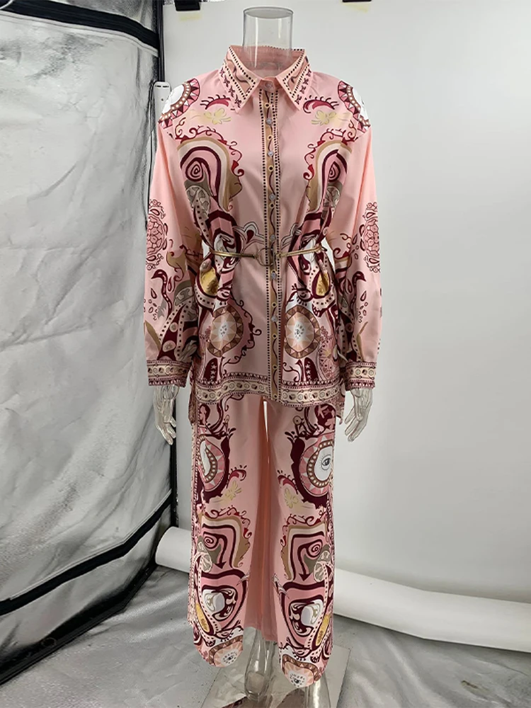 

Casual Print Pants Suits Women Loose Lapel Single Breasted Long Sleeves Belt Sets Female 2025 Summer Fashion Elastic Waist Set