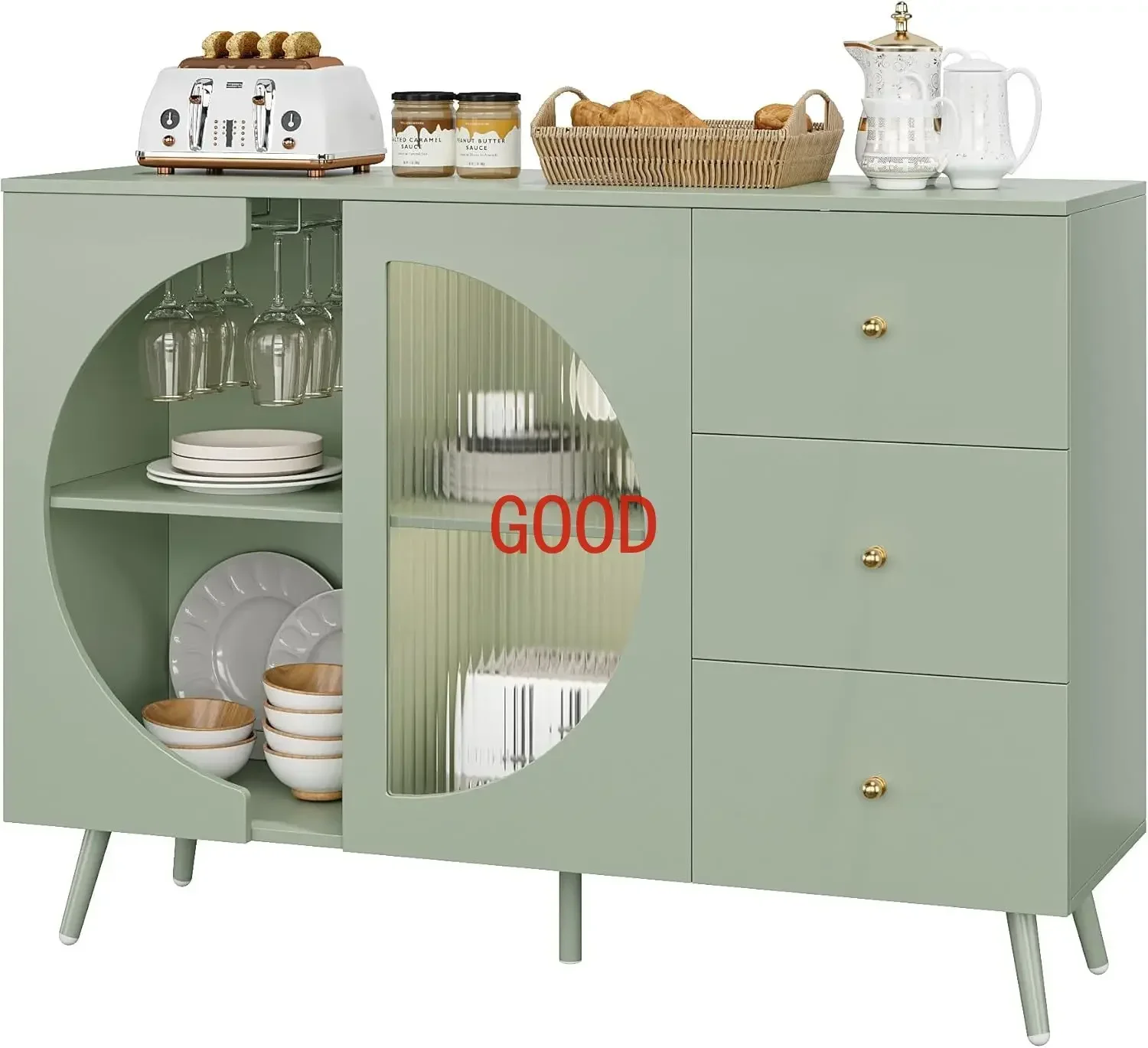 

Coffee Bar Cabinet with Fluted Glass Door, Modern Cream Style Buffet Sideboard with Wine Glass Rack, Chest of Drawer Buffet