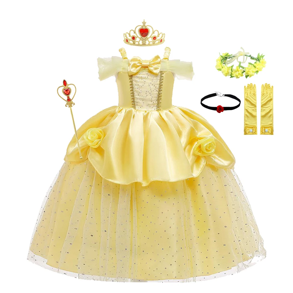 Vestido de princesa bella para niñas, ropa de fiesta amarilla, disfraz de corona de palo mágico, 2023