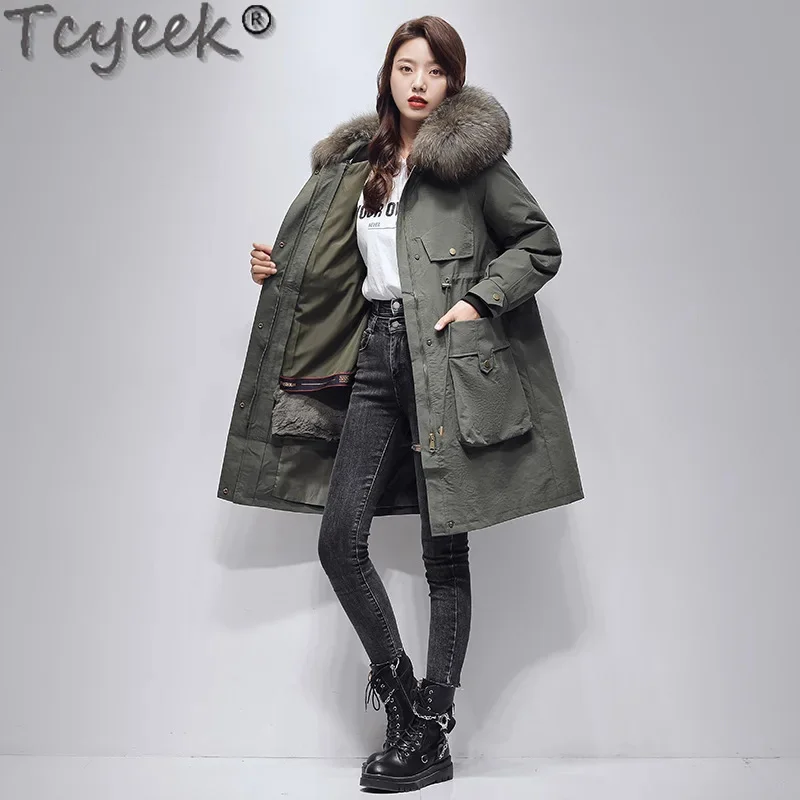 Tcyeek-Parka de longitud media para mujer, ropa elegante con forro de conejo Rex, abrigo desmontable, cálido, Cuello de piel de mapache, invierno, 2024