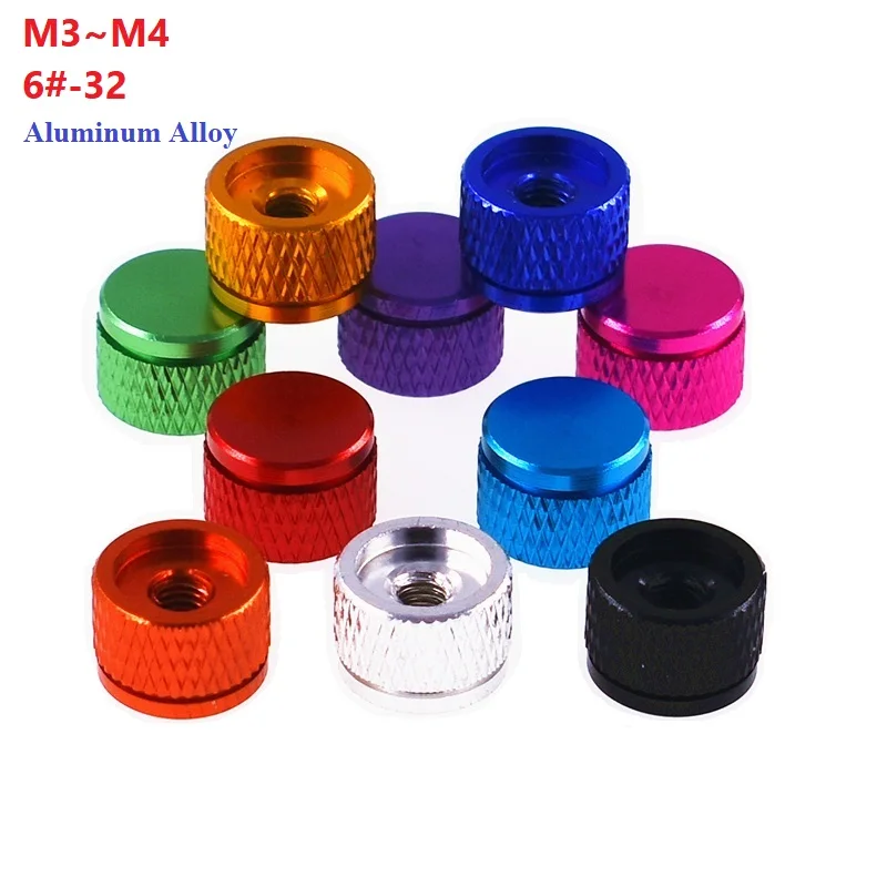 

M3 M3.5 M4/6#-32 Aluminum Colorful Hatching Knurled Thumb Nut Hand Tighten Nut Blind Hole Computer Case Nuts PC Parts