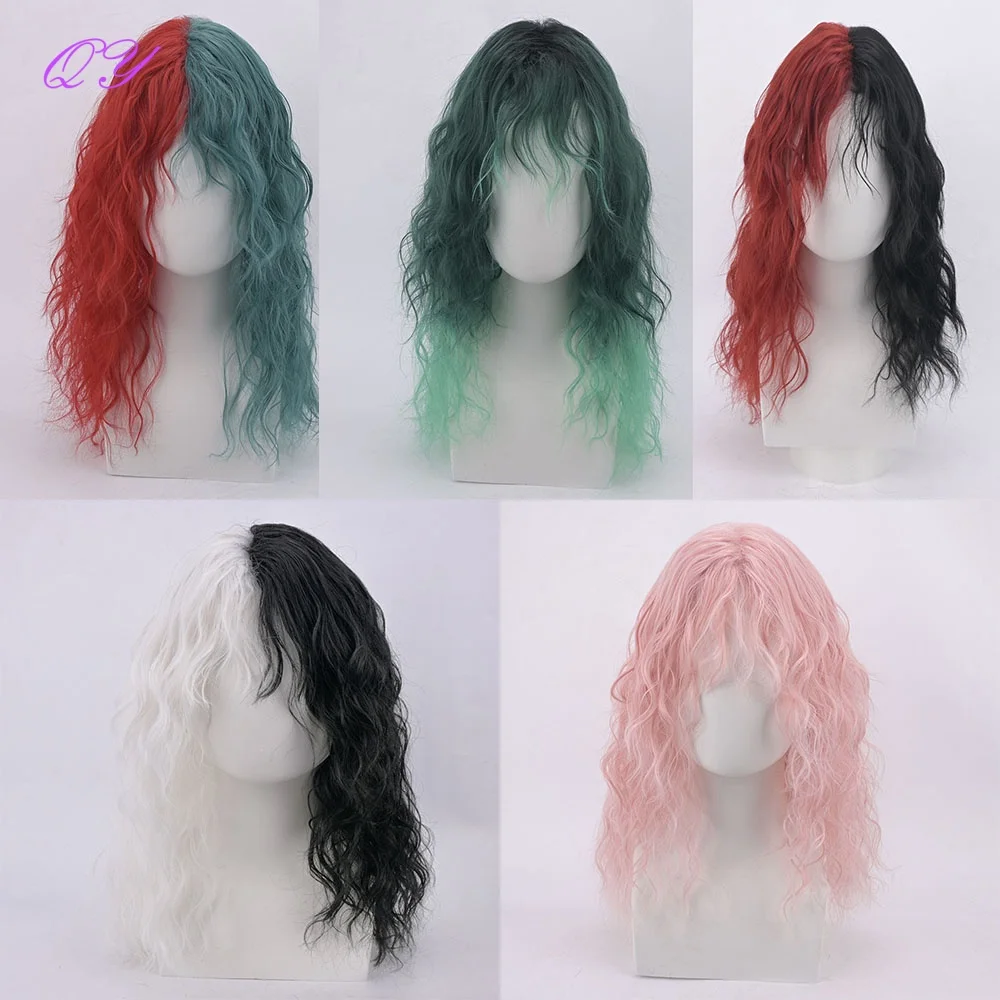 

18 Inch Wavy Curls Red Black Pink Green With Bangs Synthetic Cosplay Wig Suitable For Women's Gatherings Or Costume Cosplay