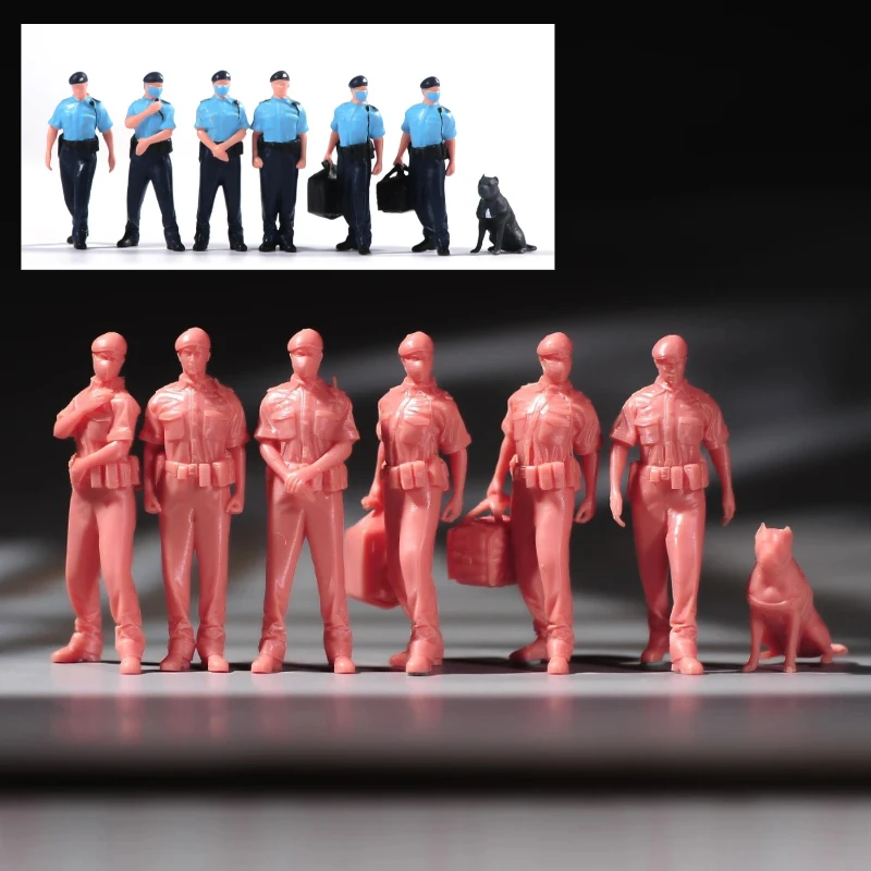 Spot 1/87 1/64 1/43 Hong Kong Police Miniature Set 6 Officers 1 Police Dog Painted Model
