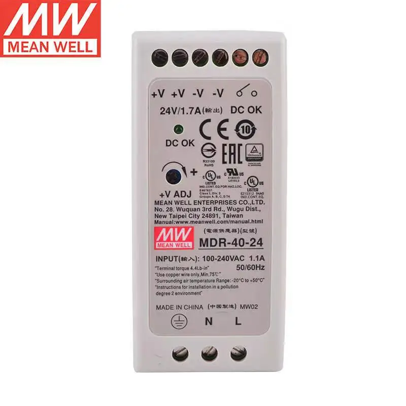 

MeanWELL MDR-40-24 24V 1.7A 40.8W Single Output Industrial DIN Rail Power Supply Brand New Original Authentic AC-DC