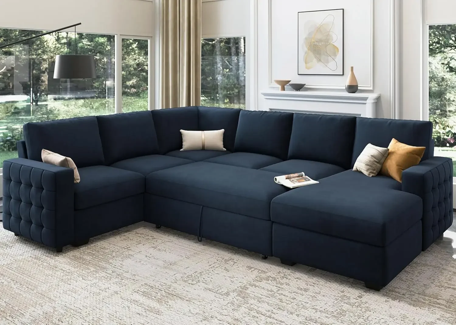 Sleeper Sectional Sofa w/ Pull Out Bed U Shaped Couch w/ Storage Chaise, Velvet Sleeper Sofa Bed for Living Room, Dark Blue