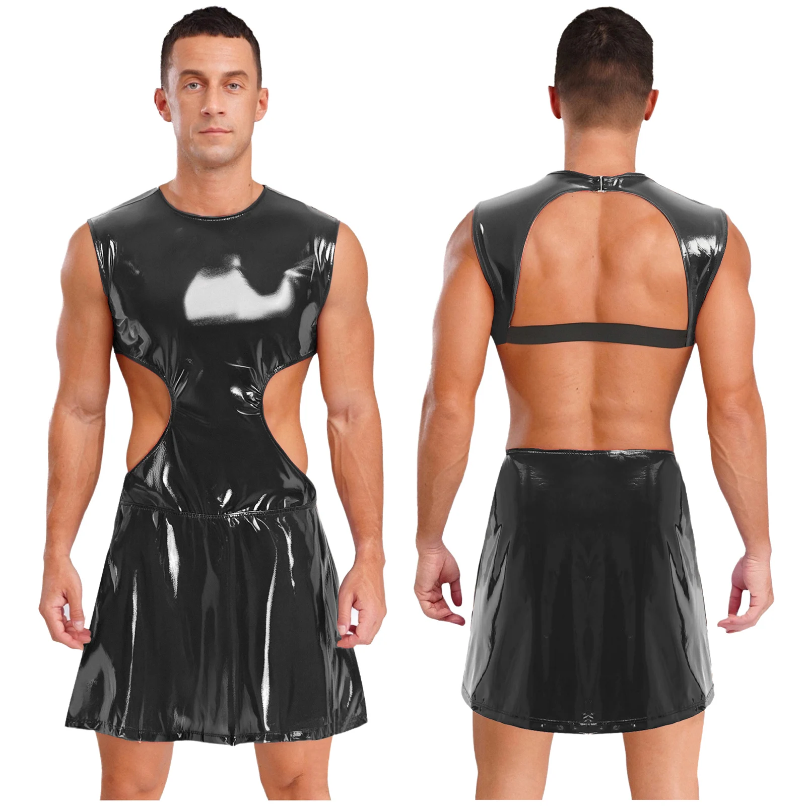 

Adult Men Sissy Wet Look Bodycon Dress Sleeveless Back Hollow Out Slit Hem Mini A-line Dress for Drag Queen Role Play Nightwear
