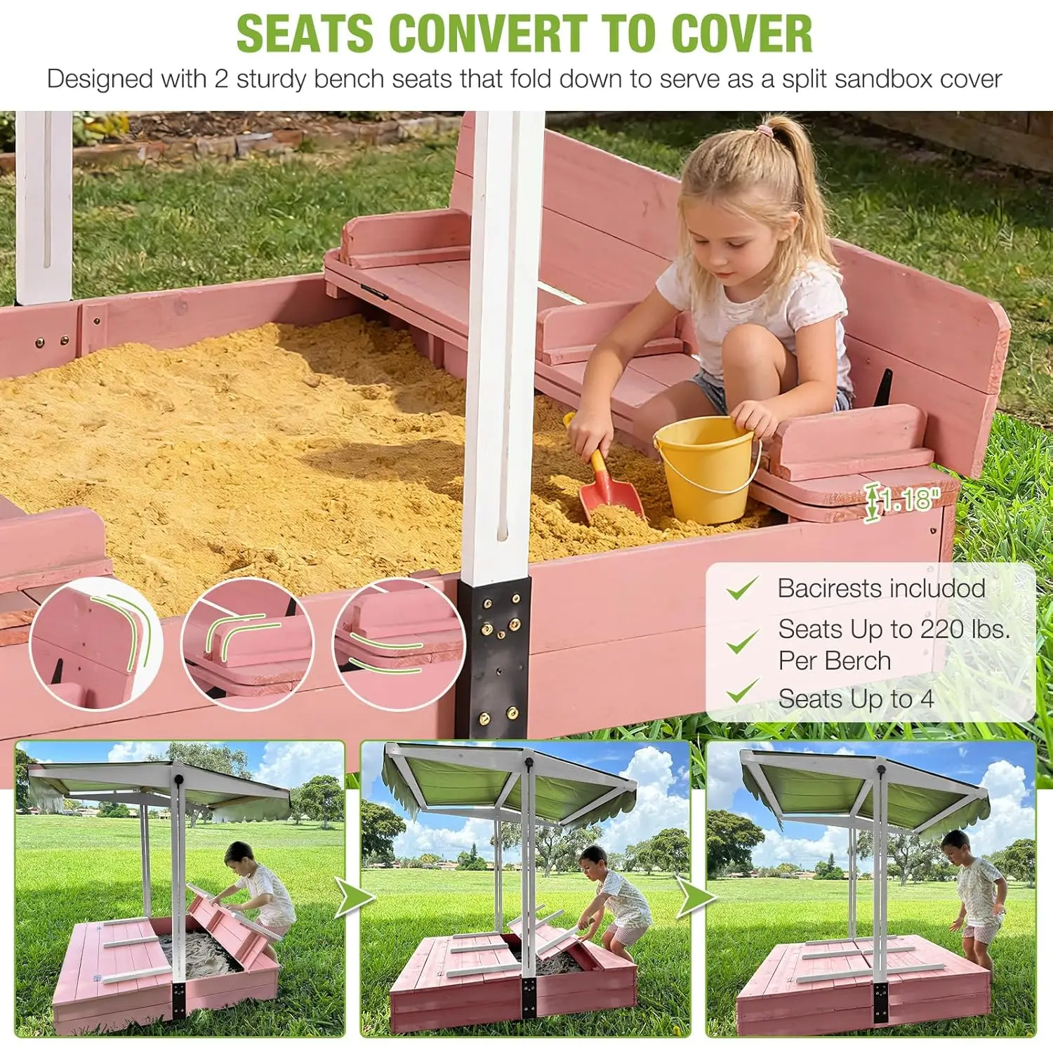 #Pink Sandbox with Lid & Bench Seats Adjustable Canopy Sand Liner 47.2