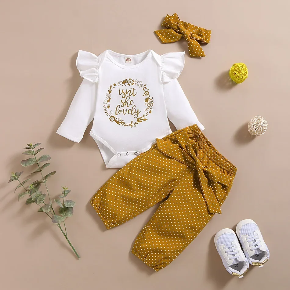 3Pcs Newborn Baby Girls Clothes Infant Autumn Fall Set Cotton Letter Romper Dot Print Bow Pants Headband Spring Outfits Suit