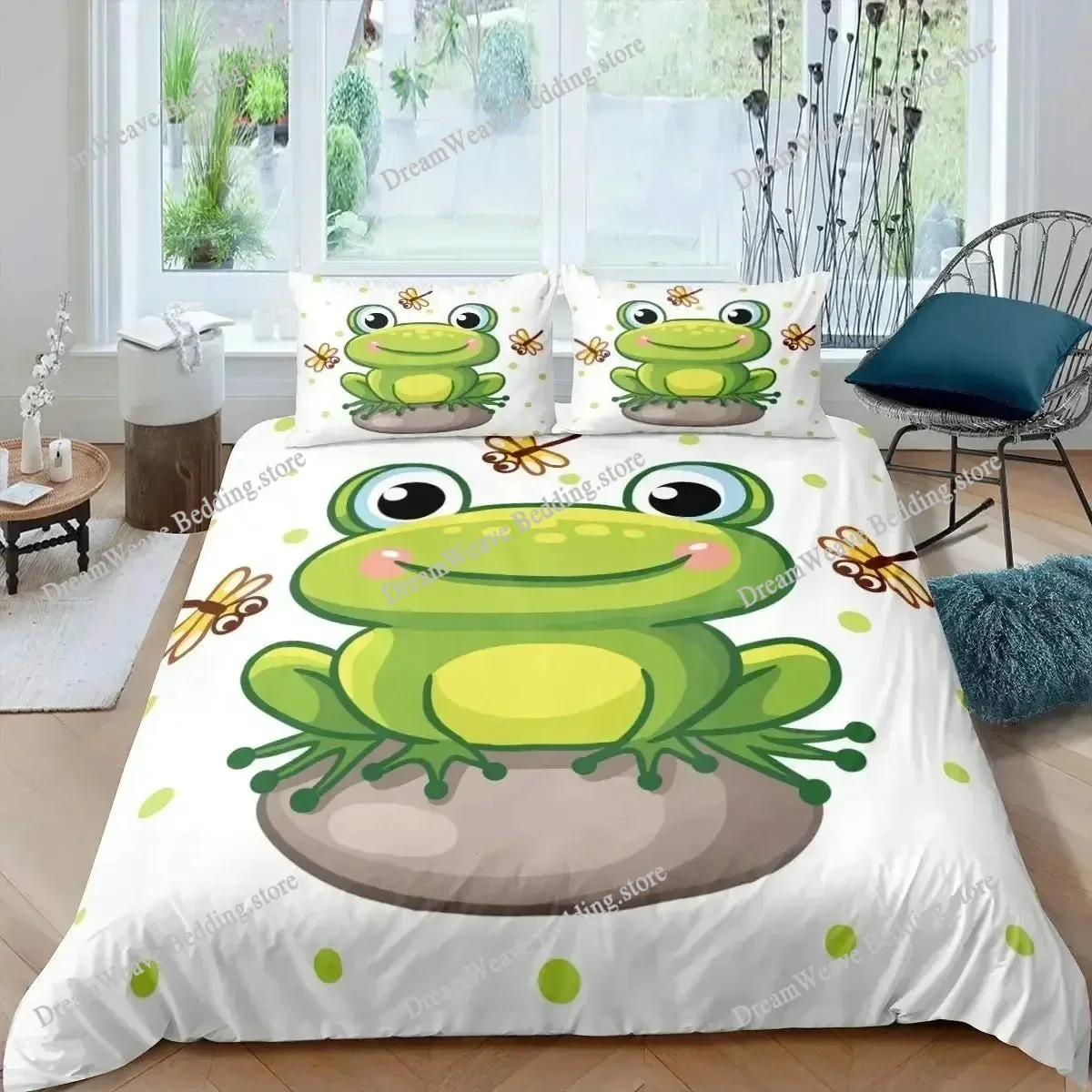 Home Textile Cartoons Frog Dragonfly Cover Duvet Cover Pillow Case Boy Girl Polyester Bedding Set King Queen Twin Size