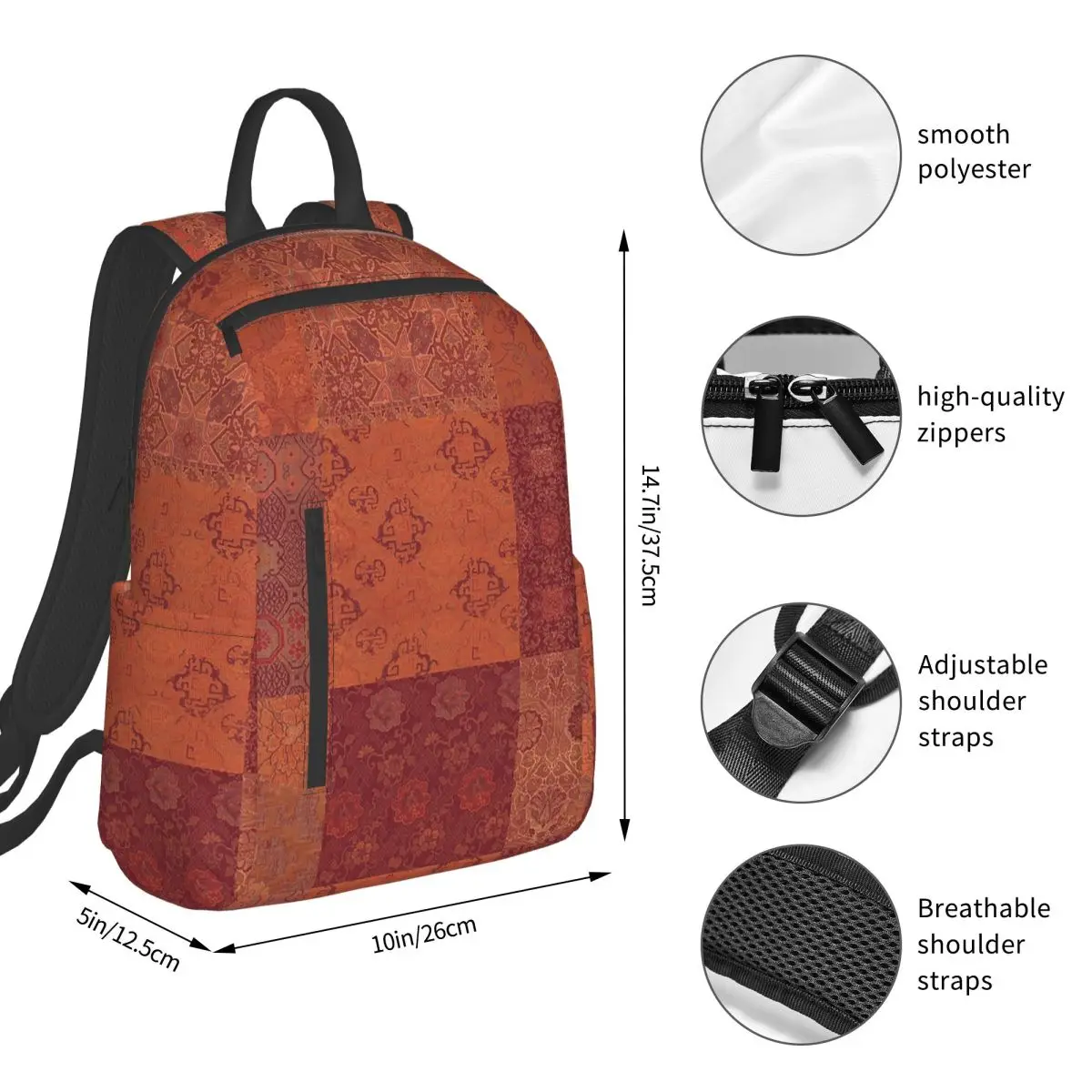 Vintage Bohemian Quilt In Burnt Orange Backpack Daypack Large Capacity Kids BookBag School Bag Shoulder Bags for Men Women - view 4