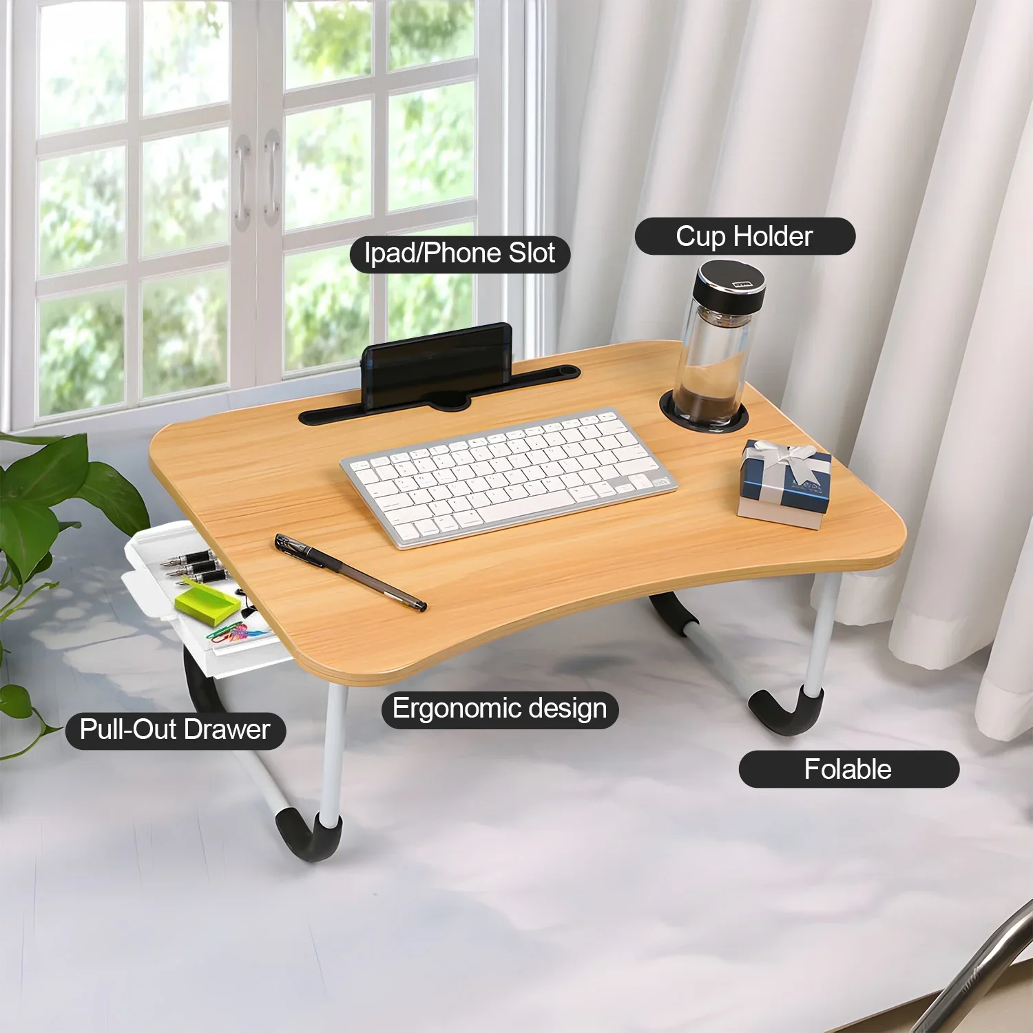 Foldable Lap Desk, 23.6 Inch Portable Wood Laptop Desk for Bed Sofa Reading Writing Eating Watching, Walnut