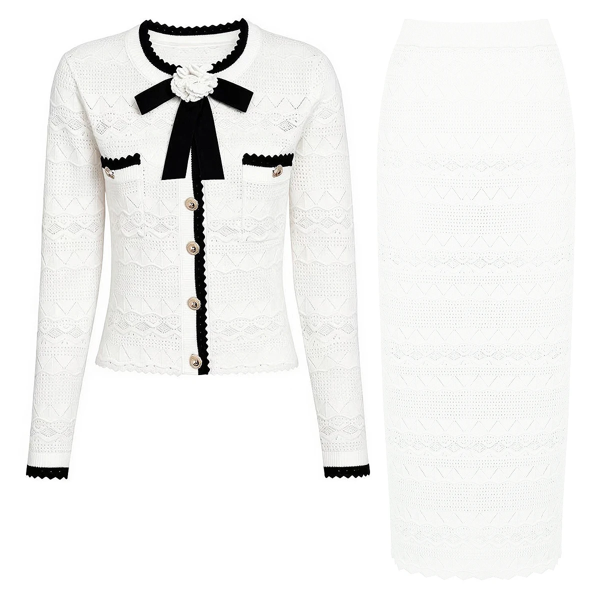 26269 High Quality Women Knitted Two Piece Set Bow Color Block Long Sleeve Cardigan Skirt Suit Summer Autumn Daily Wear