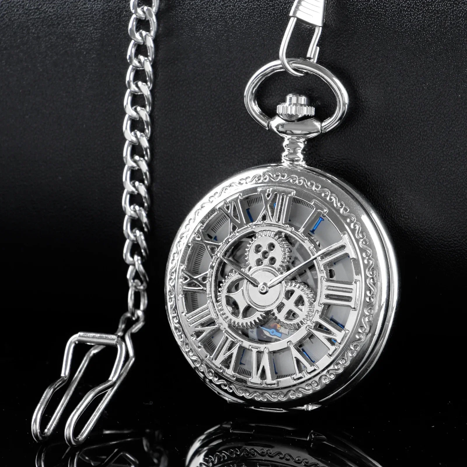 Luxury Silver Mechanical นาฬิกาพ็อกเก็ตสร้อยคอบุรุษสตรีโบราณ Vintage Steampunk Charm Hand Wind Fob Chain นาฬิกาของขวัญ