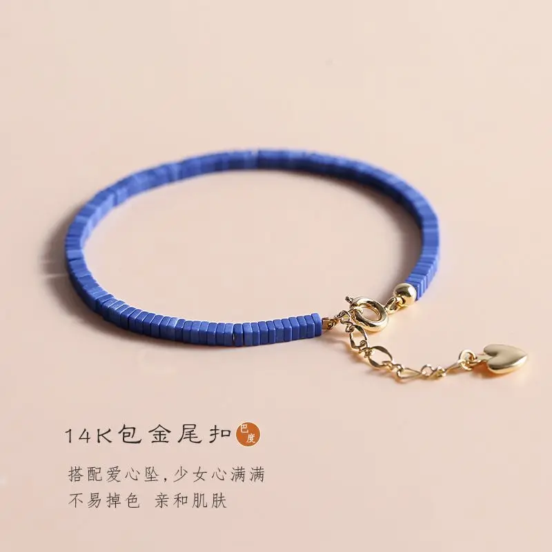 Bluestone Lucky Square Beads Women's Bracelet Men's Hand String Fortune Gift Fashion Retro Personalized Golden Extended Chain