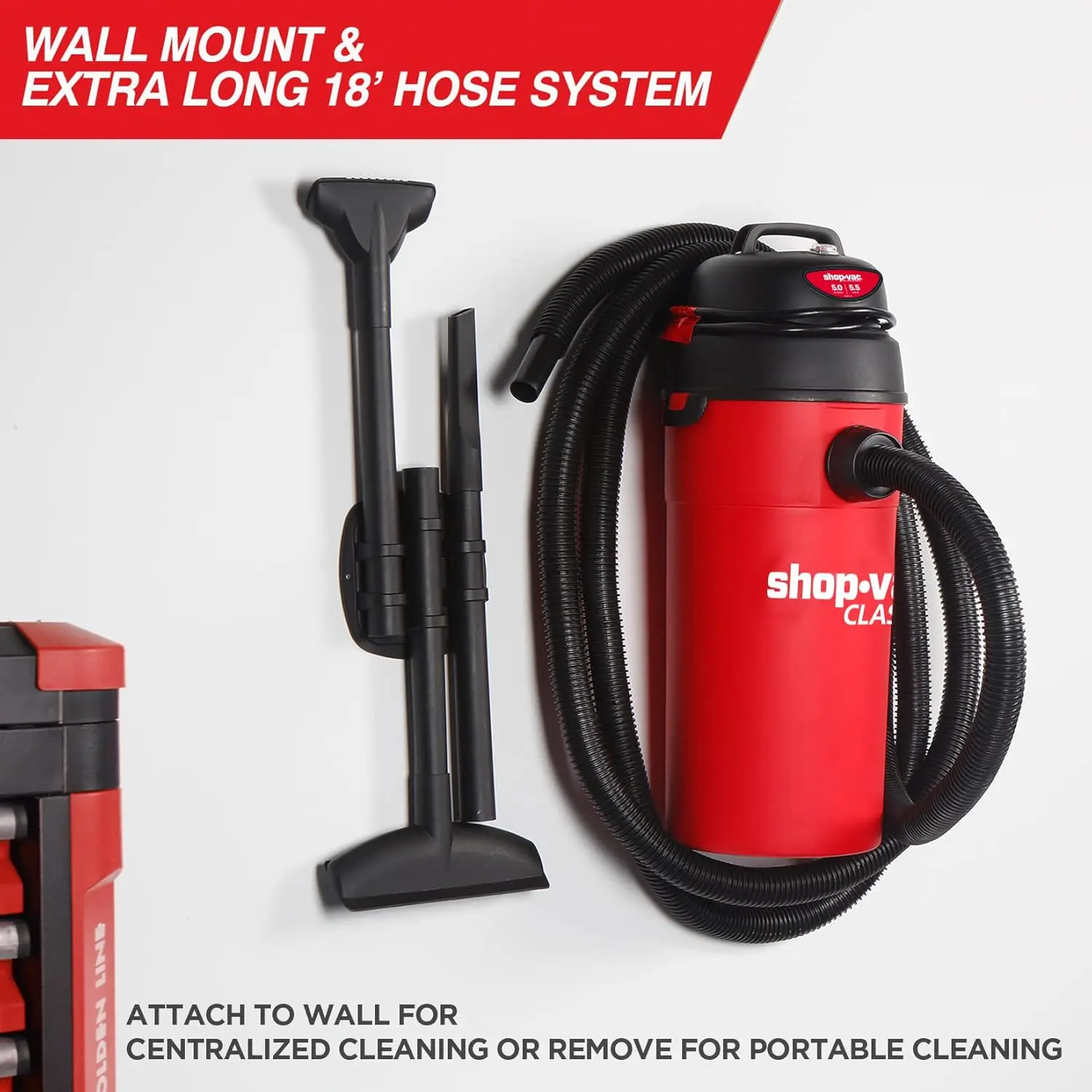 5 Gallon 5.5 Peak HP Wet/Dry Vacuum, Wall Mountable Compact Shop Vacuum with 6-23' Extra Long Hose & Attachments, Ideal for Jobs