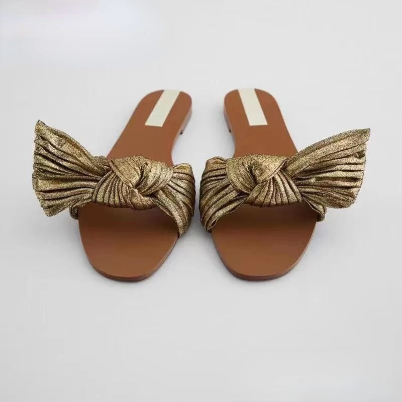 

Сандалии женские универсальные на плоской подошве, брендовые Модные Классические босоножки с золотистым бантом, дизайнерская обувь