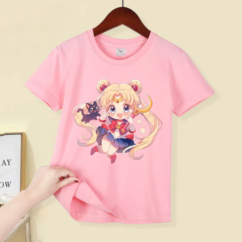 Sailor Mooned Children Short Sleeve T Shirts Girls Summer Casual Crew Neck Tops Anime Cartoon Printed Polyester Tees Kids Gifts