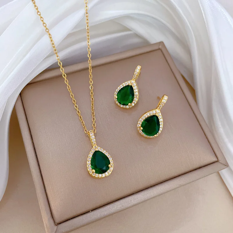 2pcs/set Jewelry Sets Women Elegant Waterdrop Green Rhinestone Pendant Necklace stud Earrings Wedding Dress Bridal Jewelry Set