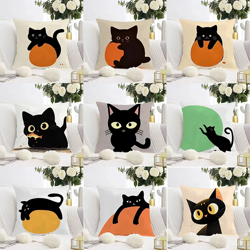 Cute Black Cat Double-sided Printed pillow cover Short plush Suitable living rooms bedrooms sofas throw cushion cover