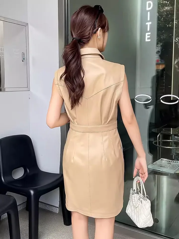 chinese dress ladies Caramel Brown Faux Leather Belted Maxi Dress - All Dresses