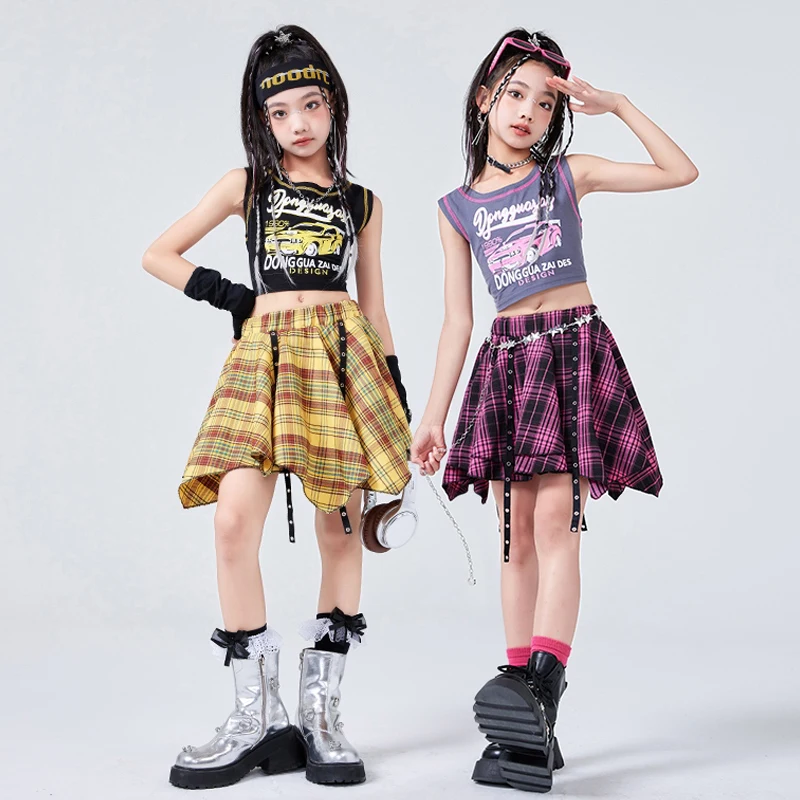 

Student Girls Cheerlead Dance Clothes Jazz Costume Team Performance Suit Navel Tops Lattice Skirt Kids Modern Dance Wear BL14417