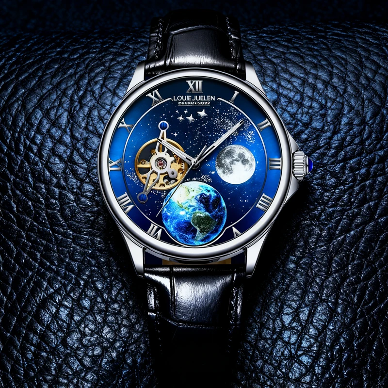 

Модные звездно-голубые механические часы для мужчин с кожаным ремешком, автоматические часы со скелетоном и турбийоном, мужские роскошные спортивные часы