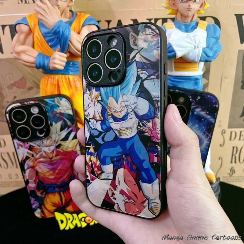 3D Grating Dragon Ball Phone Case for iPhone 11 12 13 14 15 16 17 Pro Max Plus Mini Air XR Goku Vegeta Saiyan blue Back Cover view 3