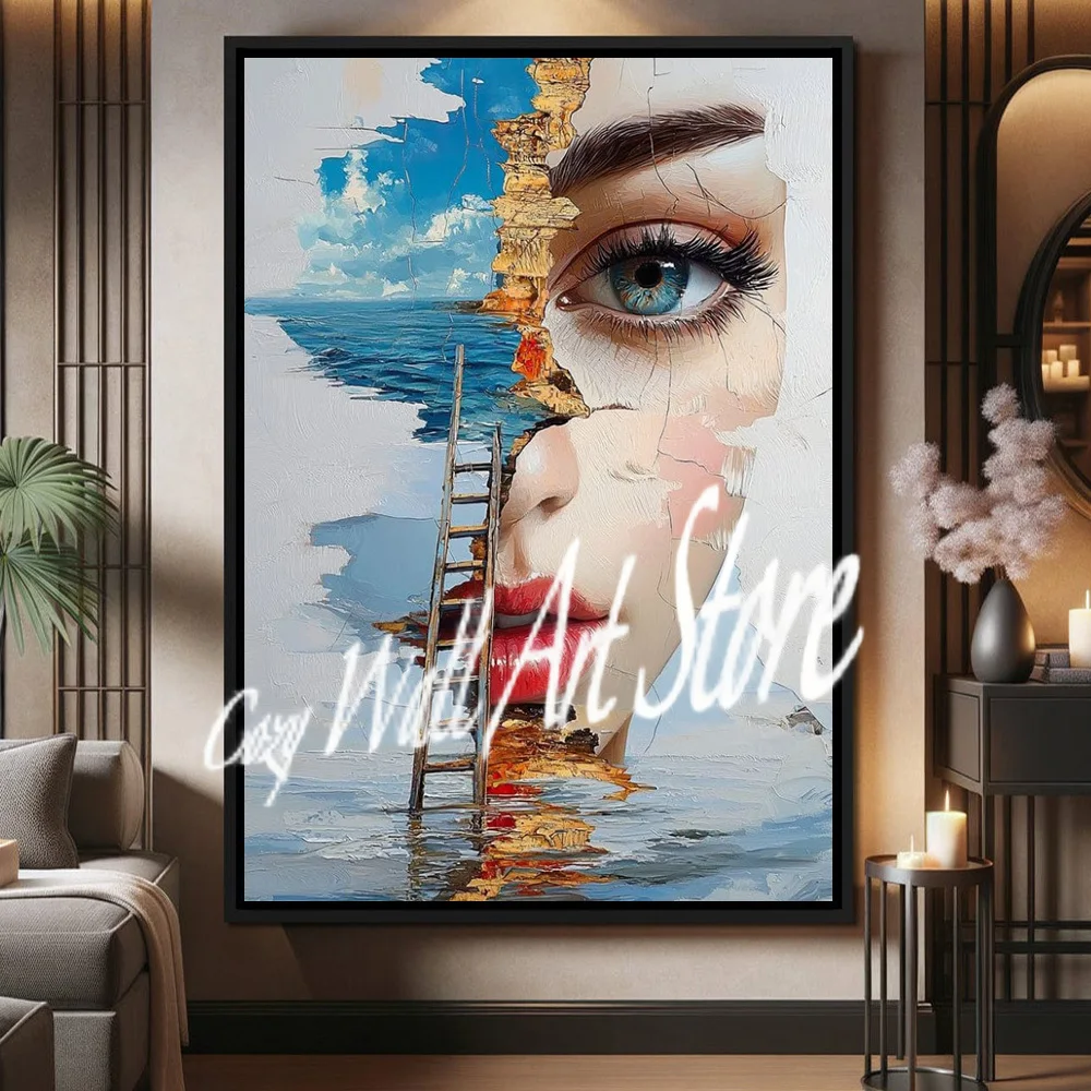 Abstract Fantasy Blue Ocean Stairs Woman Portrait Canvas Pai