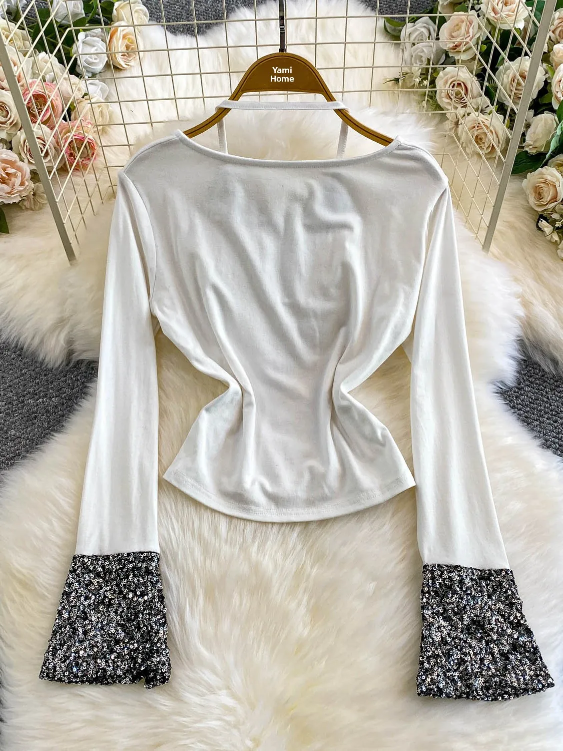 レディース スリムフィット Tシャツ ベルスリーブとスクエアカラー スパンコール パッチワーク カジュアルスタイル ハイウエストデザイン 秋トップ