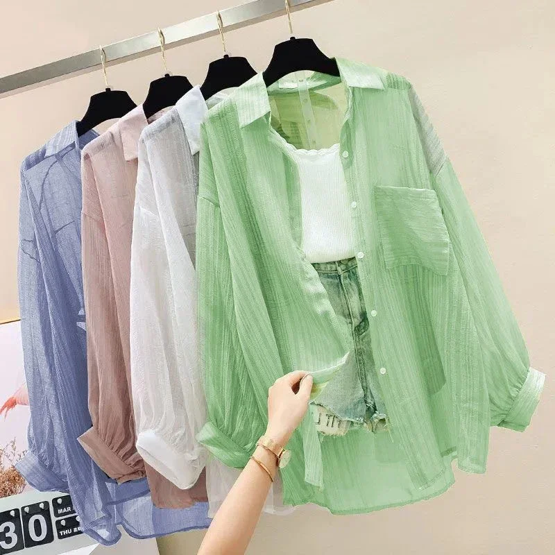 

Summer Sunscreen Shirt Elegant Perspective Thin Chiffon Blouse Korean Harajuku See Through Loose Top Casual Women's Cardigan