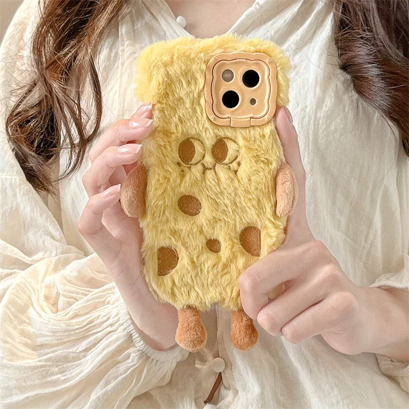 3D Cute Warm Winter Plush Fur Cover For iPhone 16 15 14 13 Pro Max 14 Plus 15 Plus Fluff Toy Camera Protect Phone Case